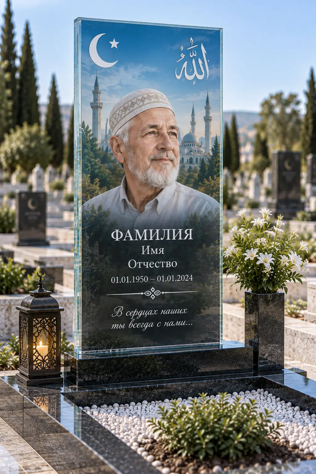 Мусульманский стеклянный памятник прямоугольной формы — стеклянный памятник для индивидуального проекта в Крыму
