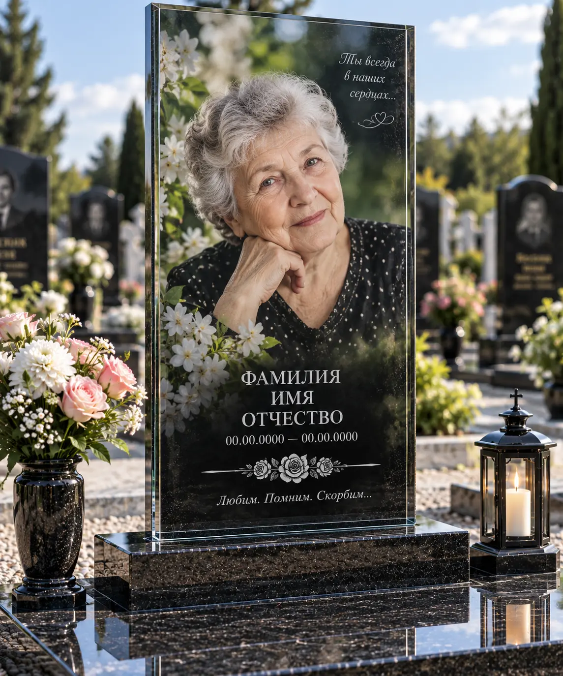 Стеклянный памятник в гранитной боковой рамке — модель СТ-03
