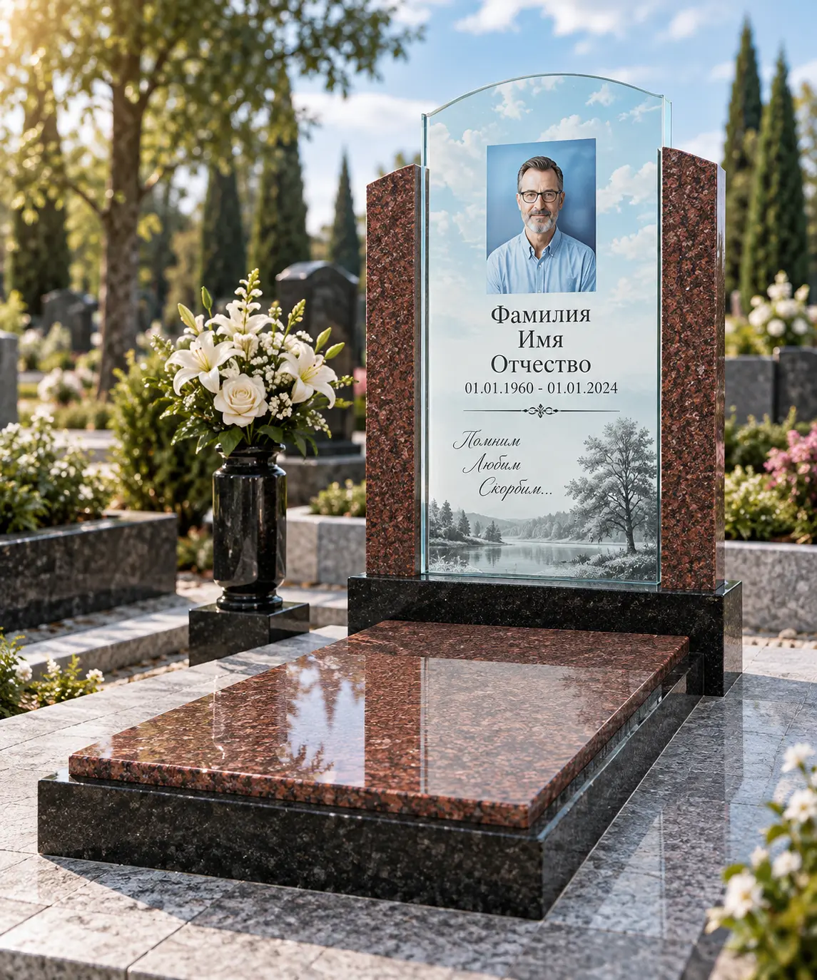Стеклянный памятник с цветником и каменным основанием — модель СТ-05