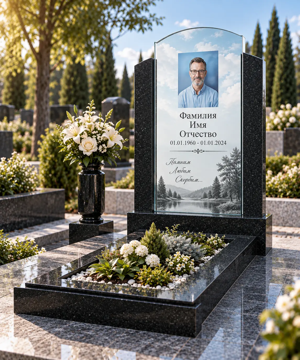 Стеклянная стела в гранитной рамке — модель СТ-06