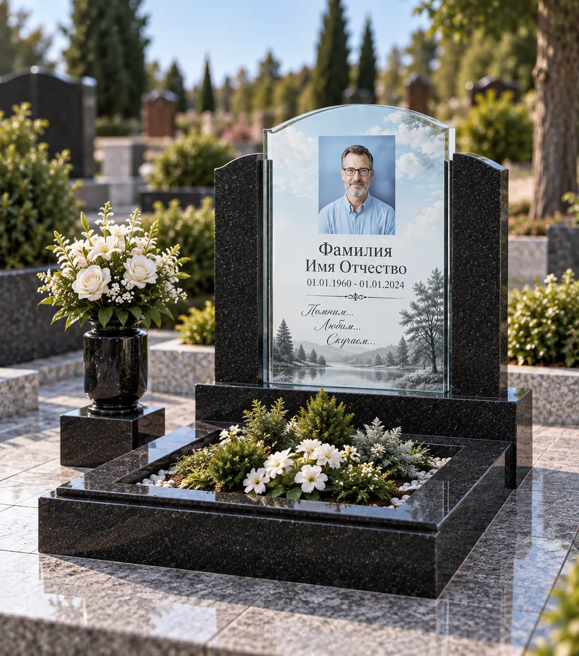 Невысокий памятник со стеклом и светлым камнем — модель СТ-07