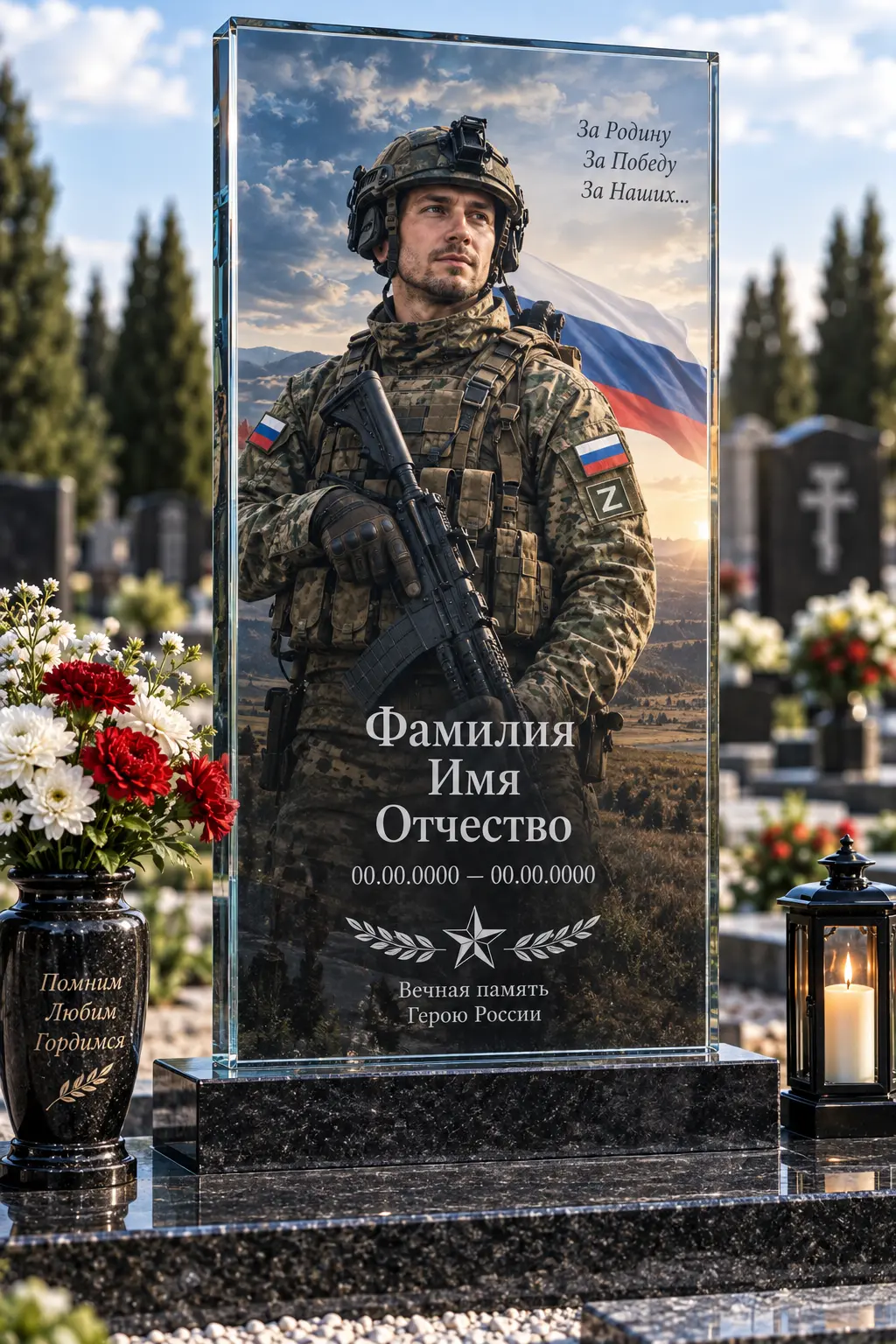 Цельностеклянный памятник с полноцветным портретом — памятник участнику СВО, индивидуальный проект в Крыму