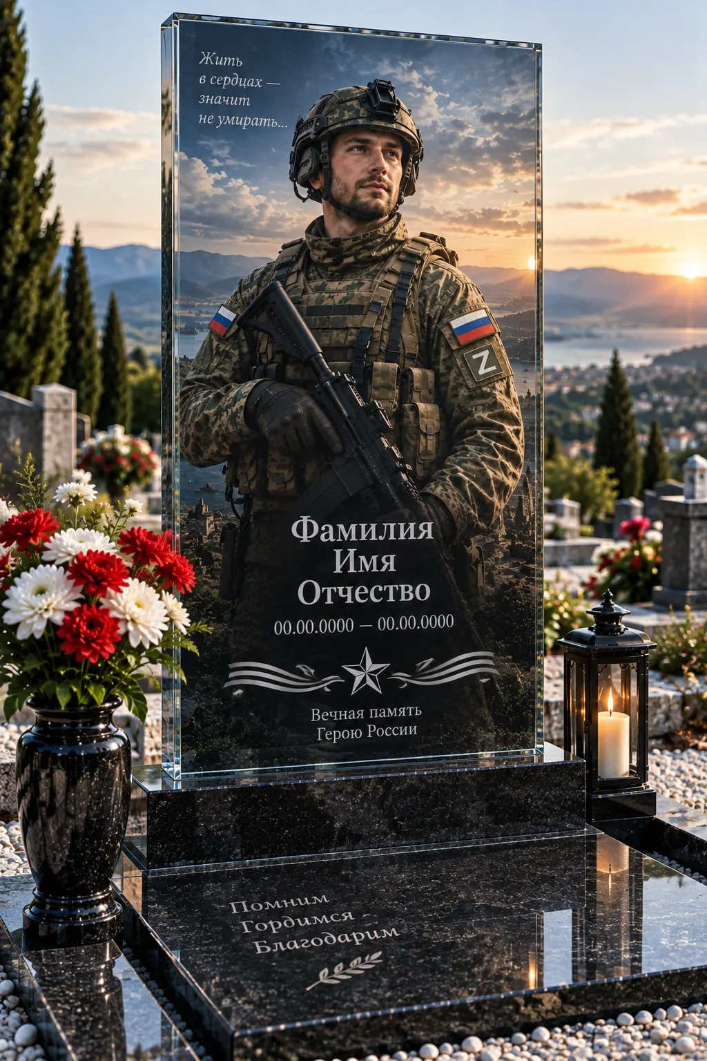Стеклянный памятник прямоугольной формы — памятник участнику СВО, индивидуальный проект в Крыму