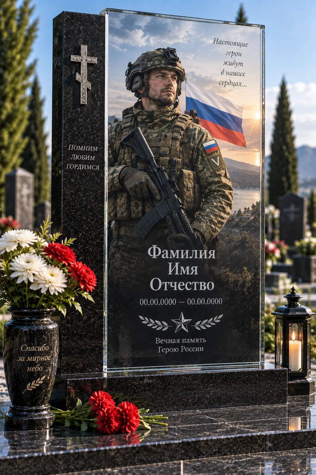 Памятник из камня со стеклянной стелой — памятник участнику СВО, индивидуальный проект в Крыму