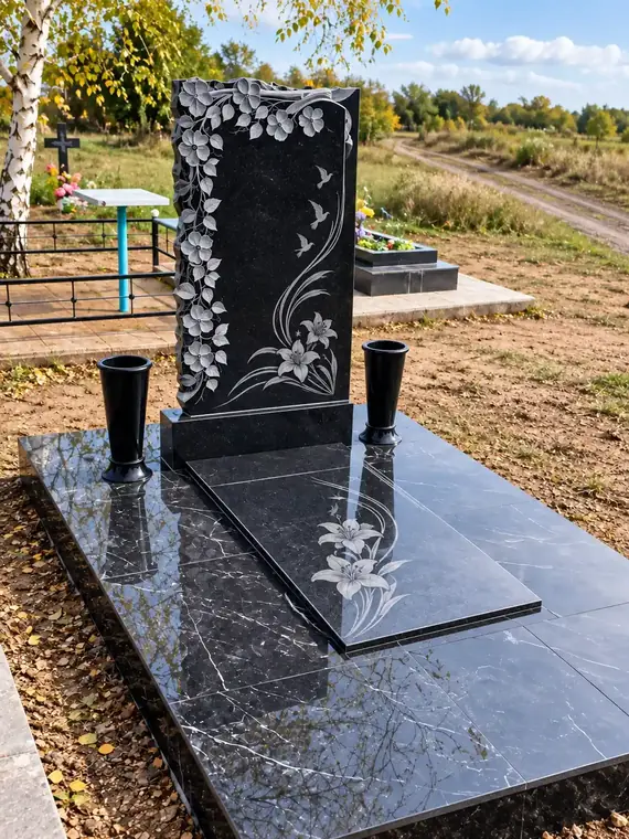 Резной памятник с цветочным орнаментом, двумя вазами и полированной плитой